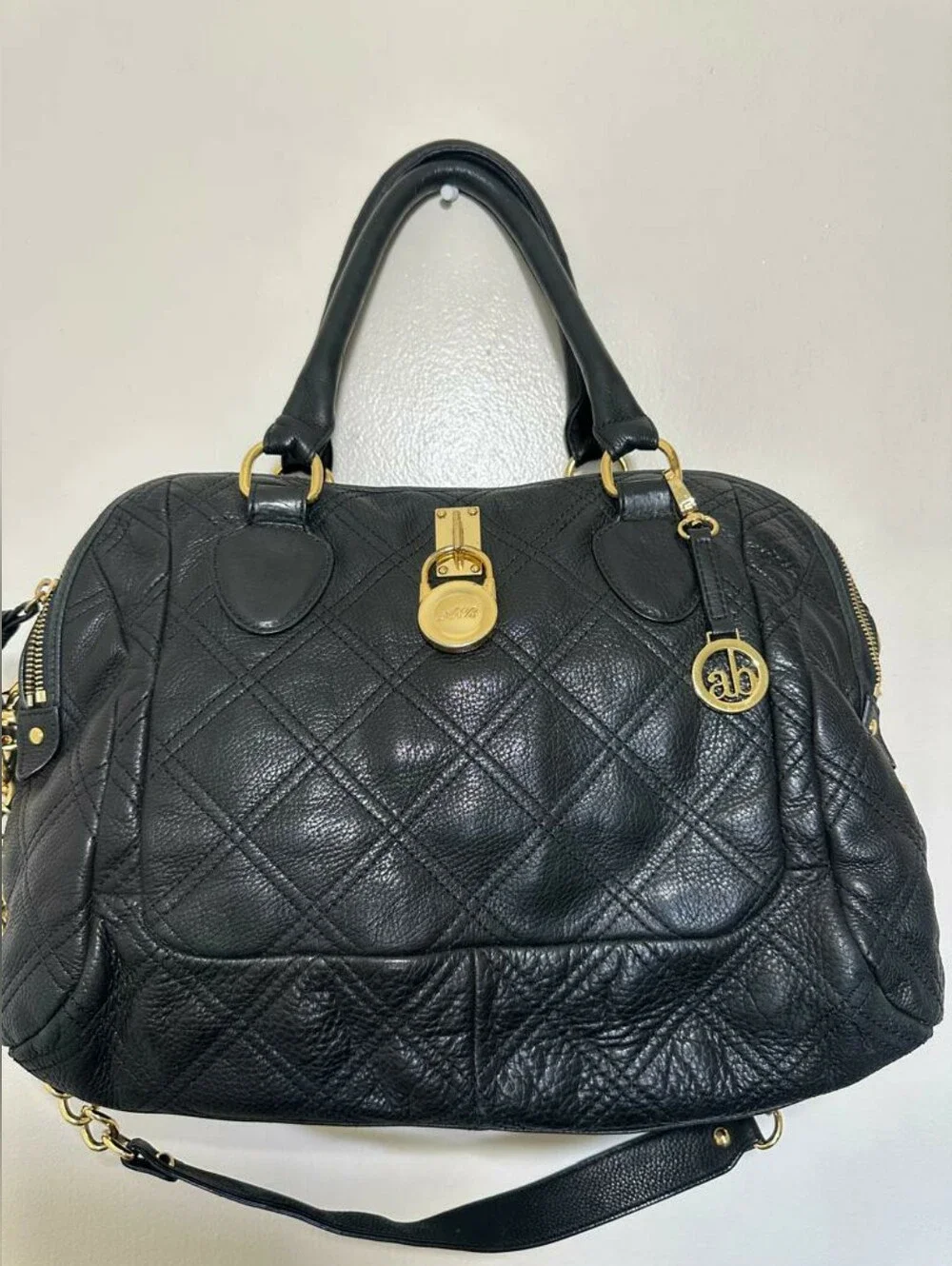 Audrey Brooke Black Quilted Genuine Leather Satchel Handbag